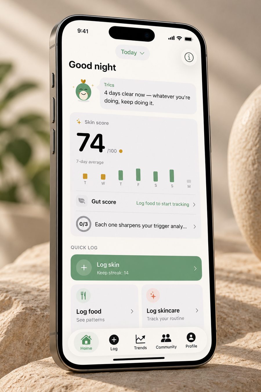 The Skintrics home screen with skin score and Trics