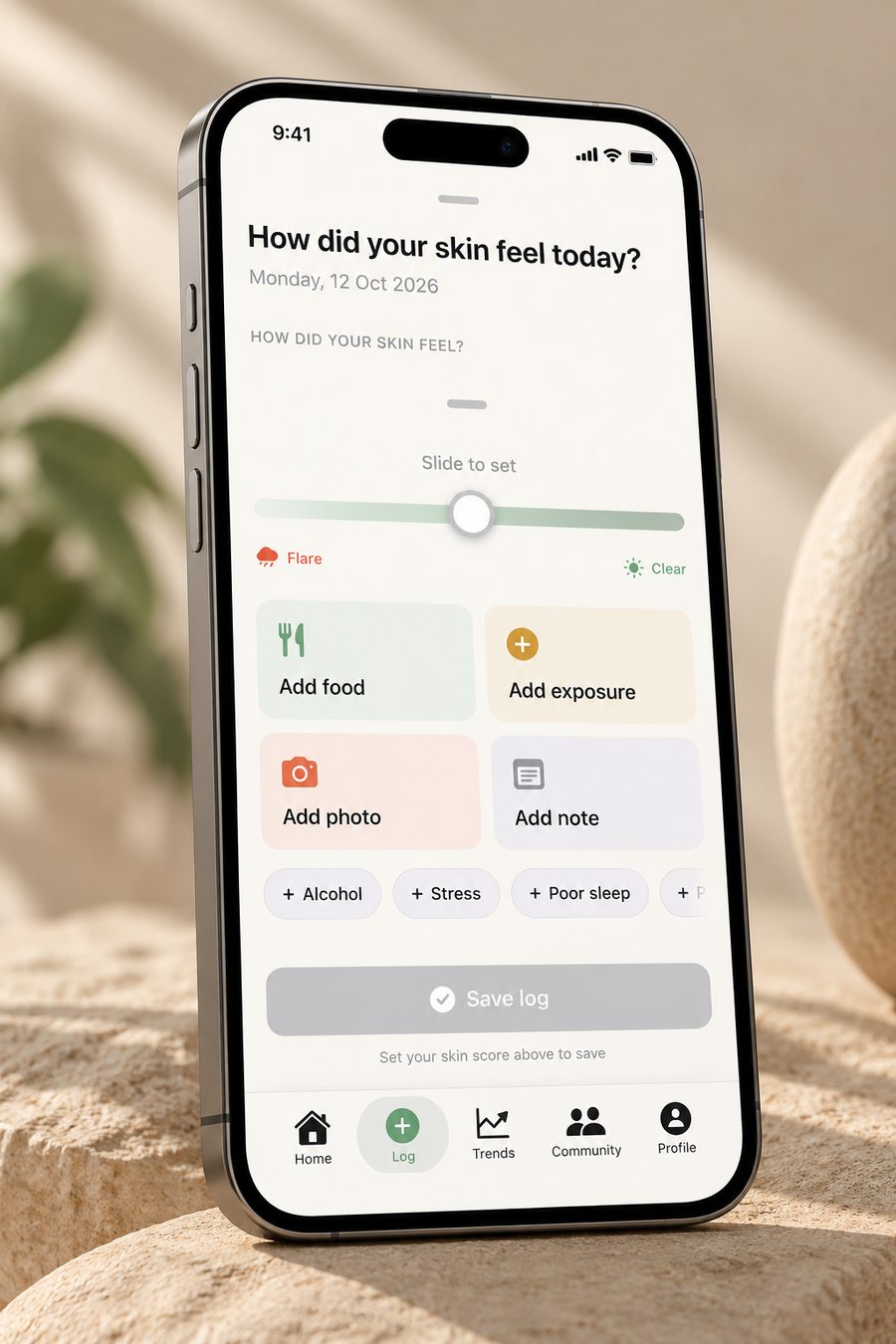 The Skintrics log screen with a skin slider and quick-add buttons